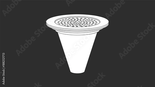 Circular white metal sink drain strainer is clearly isolated against a solid black background highlighting its small mesh holes.