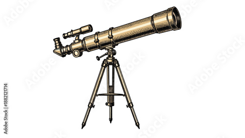 Vintage brass telescope sits on a wooden tripod stand rendered in a highly detailed classic scientific engraving illustration style.