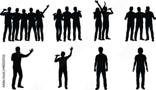 Group of singers silhouettes, male and female performers, microphones on stage, concert crowd, music band, karaoke performance, isolated vector illustration