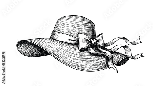 Elegant wide brimmed straw hat for women is adorned with a large decorative ribbon bow in a retro black and white art style.