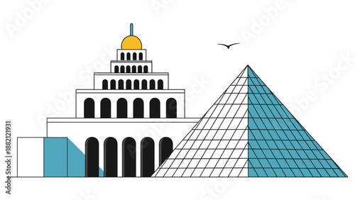 Ancient Egyptian architecture illustration features a white ziggurat temple and a large pyramid against a clean white background.