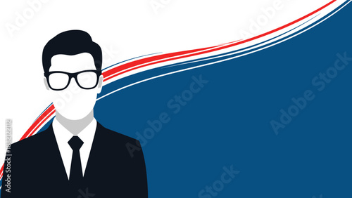 Male professional silhouette wearing a business suit and glasses is set against a blue and red wavy abstract background.