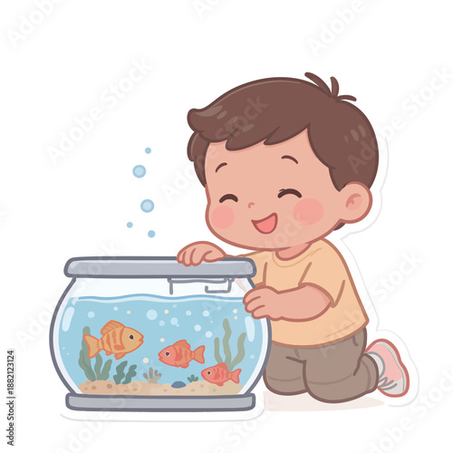 Adorable little boy happily observing his pet goldfish in a vibrant fishbowl, showcasing the simple joy of caring for aquatic animals and the wonder of nature through a delightful illustration