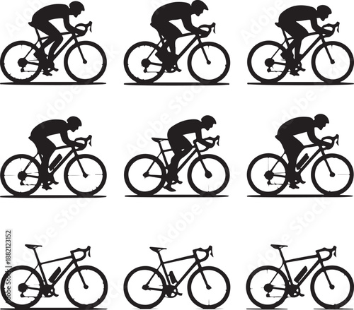 Silhouette of cyclist riding bicycle in different positions on white background