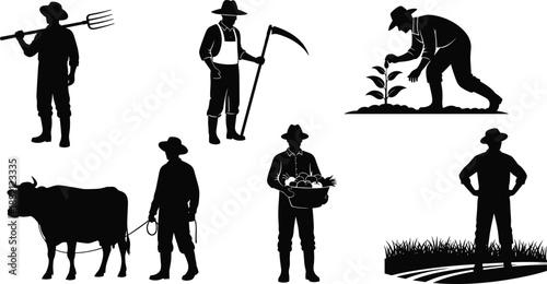 Farmer Silhouettes: A collection of farmer silhouettes engaged in various agricultural activities, capturing the essence of rural life and hard work.