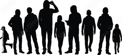 People Silhouette in Black and White: Silhouette figures create a dynamic arrangement, standing, walking, with one child in mid-motion. a diverse group united in graphic unison.
