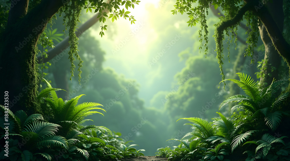 Fototapeta premium Lush green forest with ferns and sunlight filtering through the canopy