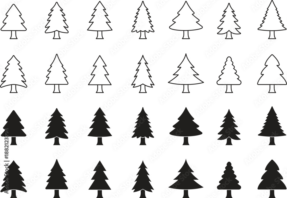 Obraz premium Pine tree icons set including fir spruce evergreen forest coniferous silhouettes and outlines vector illustration collection nature woodland minimalist web graphic design elements isolated.