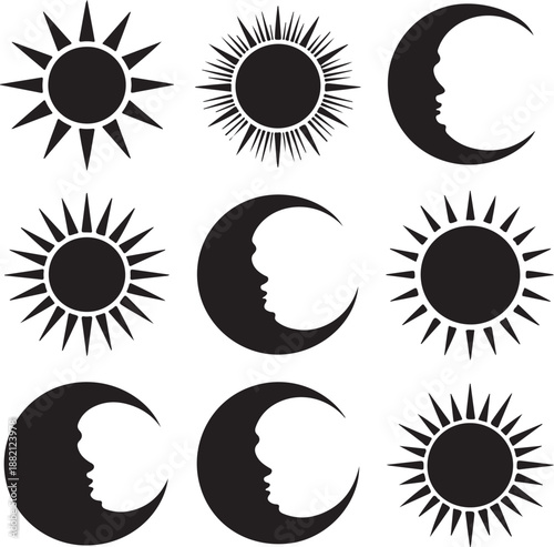 sun and moon phases icons set