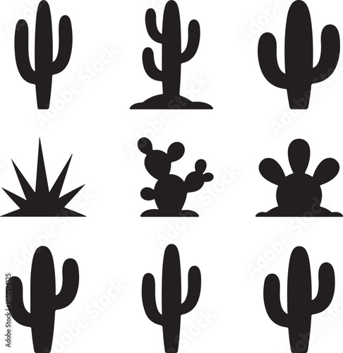 Various cactus silhouettes on white background