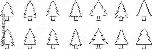 Pine and fir tree outline icons set. Black evergreen forest shapes for winter nature design. Christmas holiday elements isolated on transparent background vector illustration.