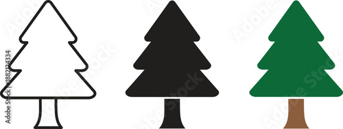 Pine tree icon set in outline, solid black silhouette and green color styles, coniferous evergreen fir tree symbols for nature forest and Christmas holiday vector illustration design.