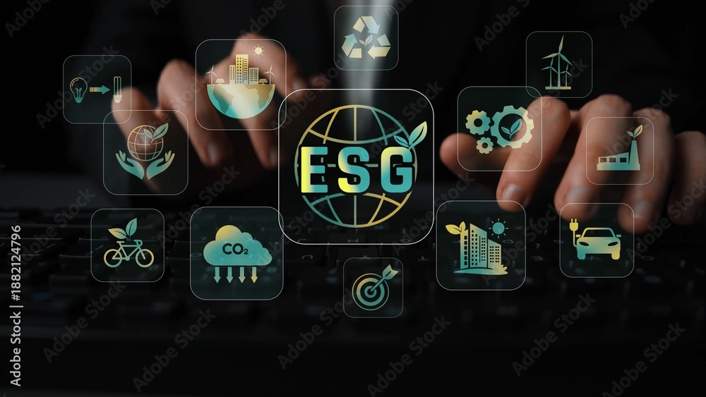 Fototapeta premium ESG promotes sustainability through green energy, carbon reduction, eco cities, clean tech, and circular economy with environmental, social, and governance balance. Marrow