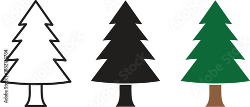 Pine tree icon set in outline, solid black silhouette and green color styles, coniferous evergreen fir tree symbols for nature forest and Christmas holiday vector illustration design.