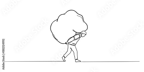 Continuous one line of a person carrying a heavy burden, drawn vector illustration.