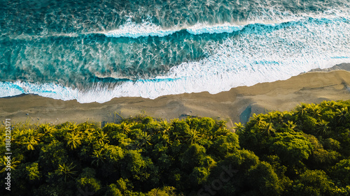 Aerial view of turquoise waves crashing onto a sandy beach bordering a dense green forest, Puerto Jimenez, Puntarenas Province, Costa Rica.