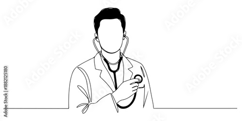 Continuous one line of a doctor holding a stethoscope over their heart, drawn vector illustration.