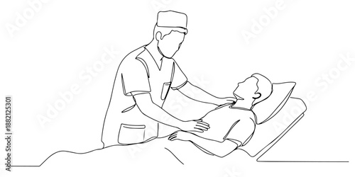 Continuous one line of a nurse comforting a patient, drawn vector illustration.