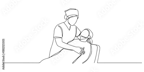 Continuous one line of a nurse comforting a patient, drawn vector illustration.