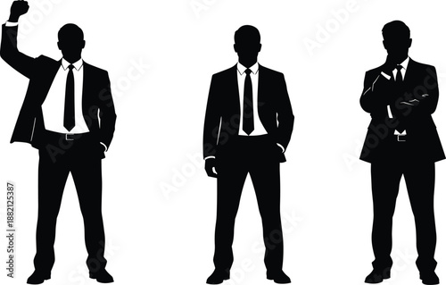 Set of three businessmen silhouettes in suits standing with different poses for corporate leadership success concept isolated vector