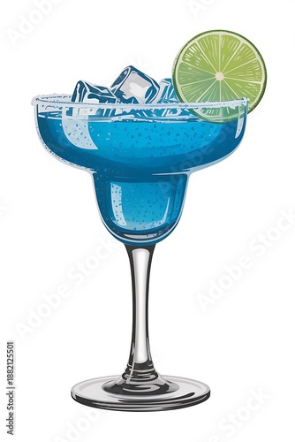 Blue Margarita Cocktail in Stemmed Glass with Lime Slice and Ice Cubes Isolated on White Background