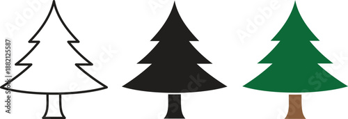 Pine tree icon set in outline, solid black silhouette and green color styles, coniferous evergreen fir tree symbols for nature forest and Christmas holiday vector illustration design.