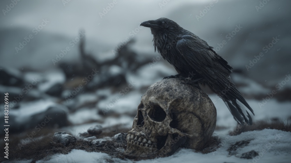 Fototapeta premium A dark and haunting scene featuring a raven perched on a skull. The moody atmosphere creates a sense of mystery. Ideal for horror themes and gothic art. AI
