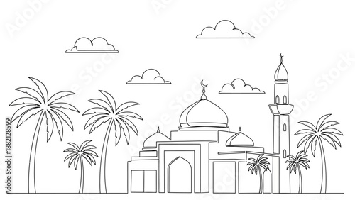 Mosque with palm trees and clouds