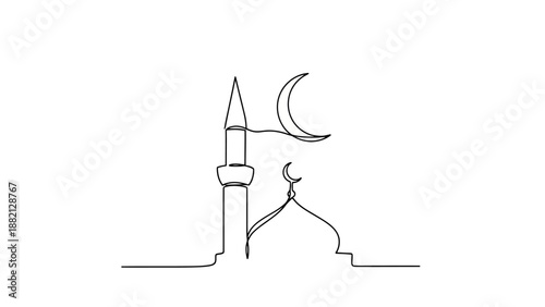 Mosque and crescent moon line art