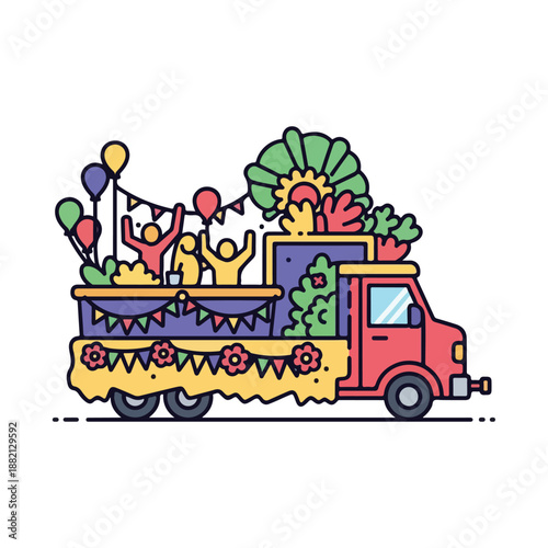 Colorful truck with people and balloons on a festive decorated float