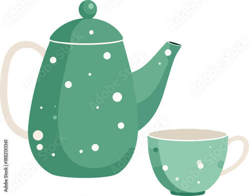 Green polka dot teapot and matching teacup set for a cozy tea time.