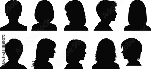 people head silhouettes illustration, male female profile views collection, black vector portrait icons, isolated white background, avatar design set