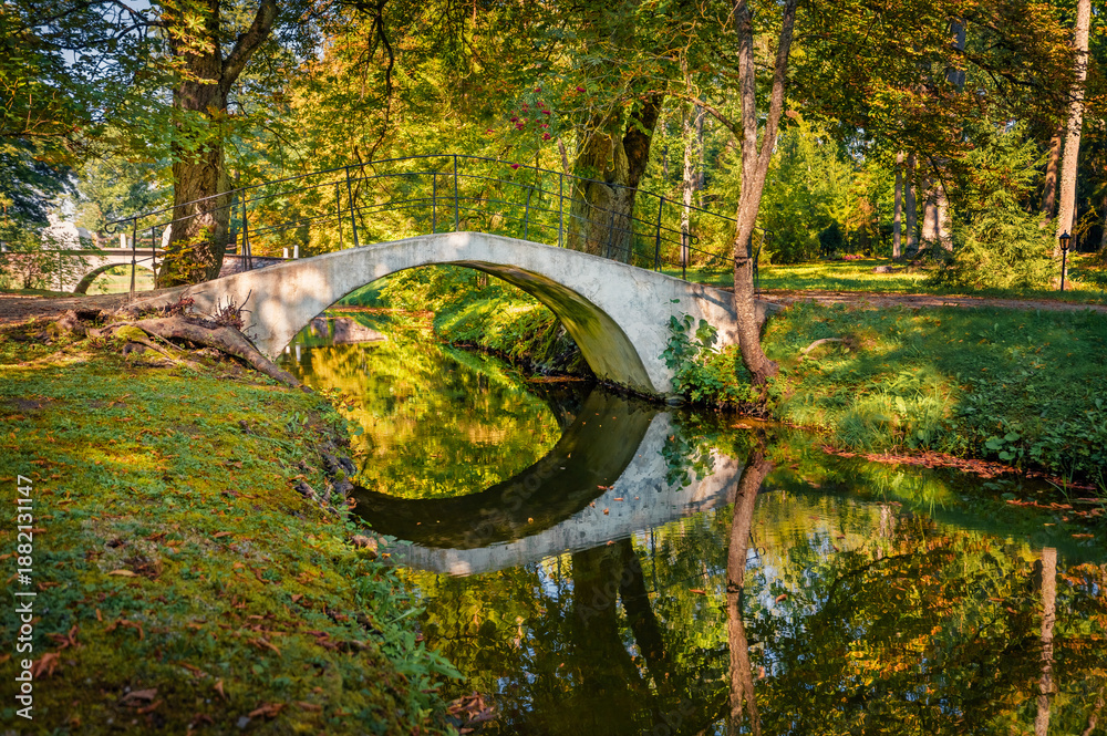 Fototapeta premium Adorable summer view of Burbishko natural park. Green morning scene of foliage forest with arch stone bridge, Burbishkis village, Lithuania, Europe. Beauty of nature concept background.