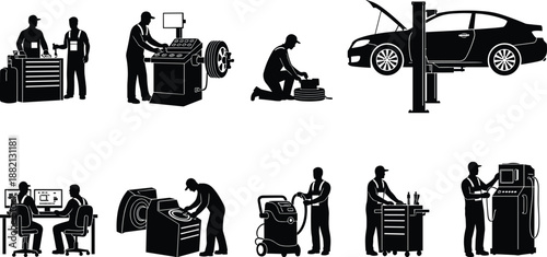 PrintCollection of black silhouettes representing professional car mechanics working in auto repair shop with various garage tools and automotive diagnostic equipment isolated on white,