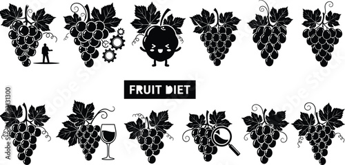PrintCollection of black grape silhouettes with leaves and vines including wine glass and fruit diet text elements, healthy fruit icons vector isolated on white,