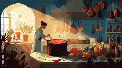 Chef cooking rich homemade chili in cozy kitchen, warm National Chili Day vector illustration for food marketing and editorial use