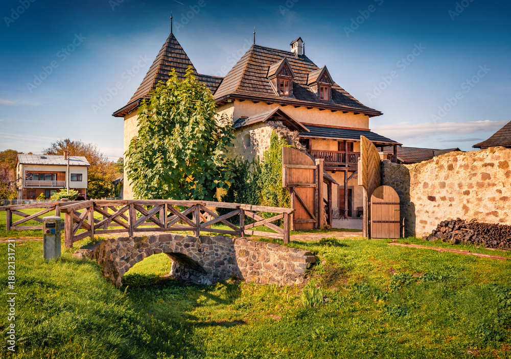 Fototapeta premium Fabulous summer view of Water Castle. Captivating morning scene of Hronsek village, Banska Bystrica District , Slovakia, Europe. Traveling concept background.