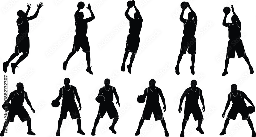 Obraz premium Basketball player silhouette set, black illustration of jump shot and dribbling poses for sports design, motion study, training