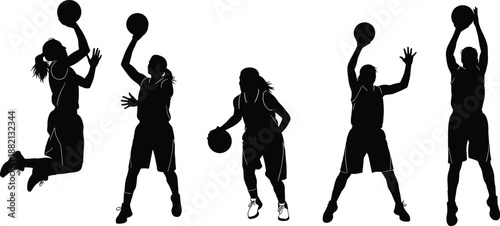 Basketball silhouettes, action poses, dribbling, shooting, jumping, sports icons, black vector, athletic motion, male, dynamic, ball, stance, play, game, athlete, court, movement, illustration,