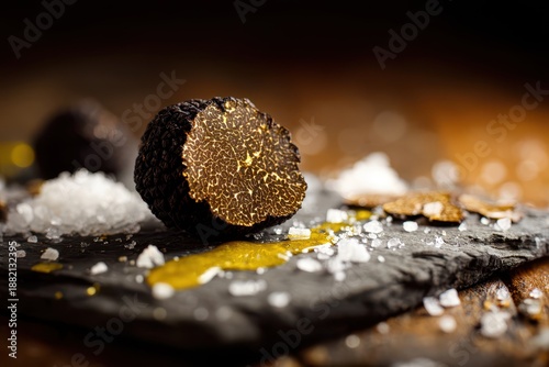 Wallpaper Mural Gourmet edible fungus on slate with drizzle of olive oil and coarse salt Torontodigital.ca