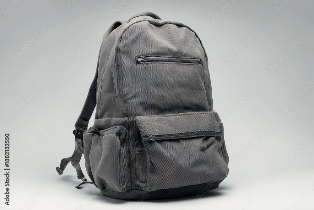 Fototapeta premium Gray everyday backpack with front pocket and zipper details on white surface