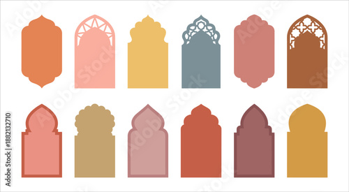 Set of Islamic Arch Window Frames and Decorative Arabic Silhouette Borders for Ramadan Kareem Invitation Design and Traditional Middle Eastern Architectural Backgrounds
