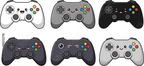 PrintKawaii game controller collection with cute smiling faces and colorful buttons, cartoon video game joystick stickers for gaming room vector isolated on white,