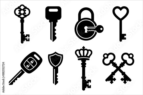 Collection of Black Key and Lock Icons for Security and Access Concepts featuring Vintage Skeleton Keys, Modern Car Fob, Heart Key, and Protective Shield Symbols
