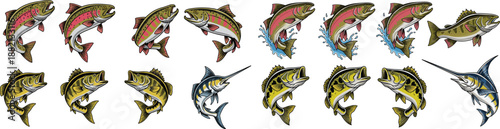Sport fishing vector set with jumping fish illustrations. Hand drawn trout, marlin and bass in dynamic poses. Colorful freshwater and saltwater fish designs for fishing logos, prints.