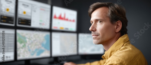 Free Download Focused professional analyzing data on multiple computer screens in a modern workspace - GFXLoad