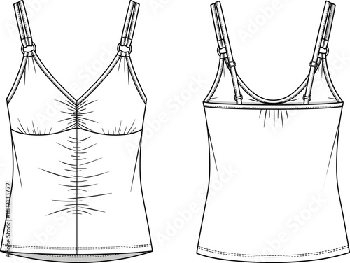 PrintFashion technical sketch of a womens v neck camisole lingerie top with gathered front detail adjustable spaghetti straps apparel design template isolated on white,