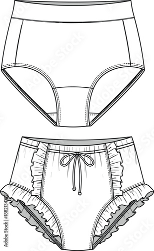 PrintFashion technical sketch of womens high waisted panties including a ruffled bloomers style with drawstring and basic brief template vector isolated on white,