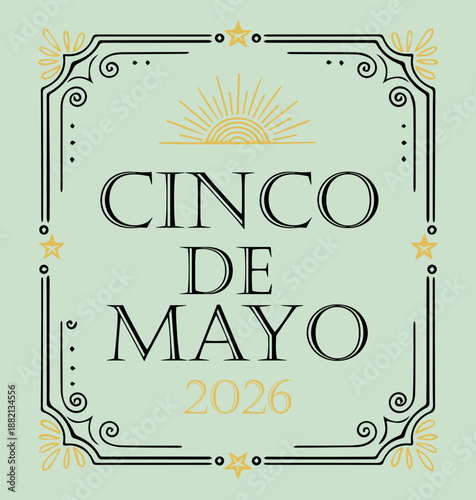 Cinco De Mayo 2026 Elegant Typography Label with Vintage Sunburst and Decorative Frame