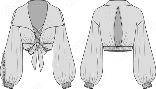 PrintWomen Cropped Tie Front Top Technical Fashion Illustration Flat Sketch with Bishop Sleeves Lace Up Detail Open Back and Smocked Hem for Design